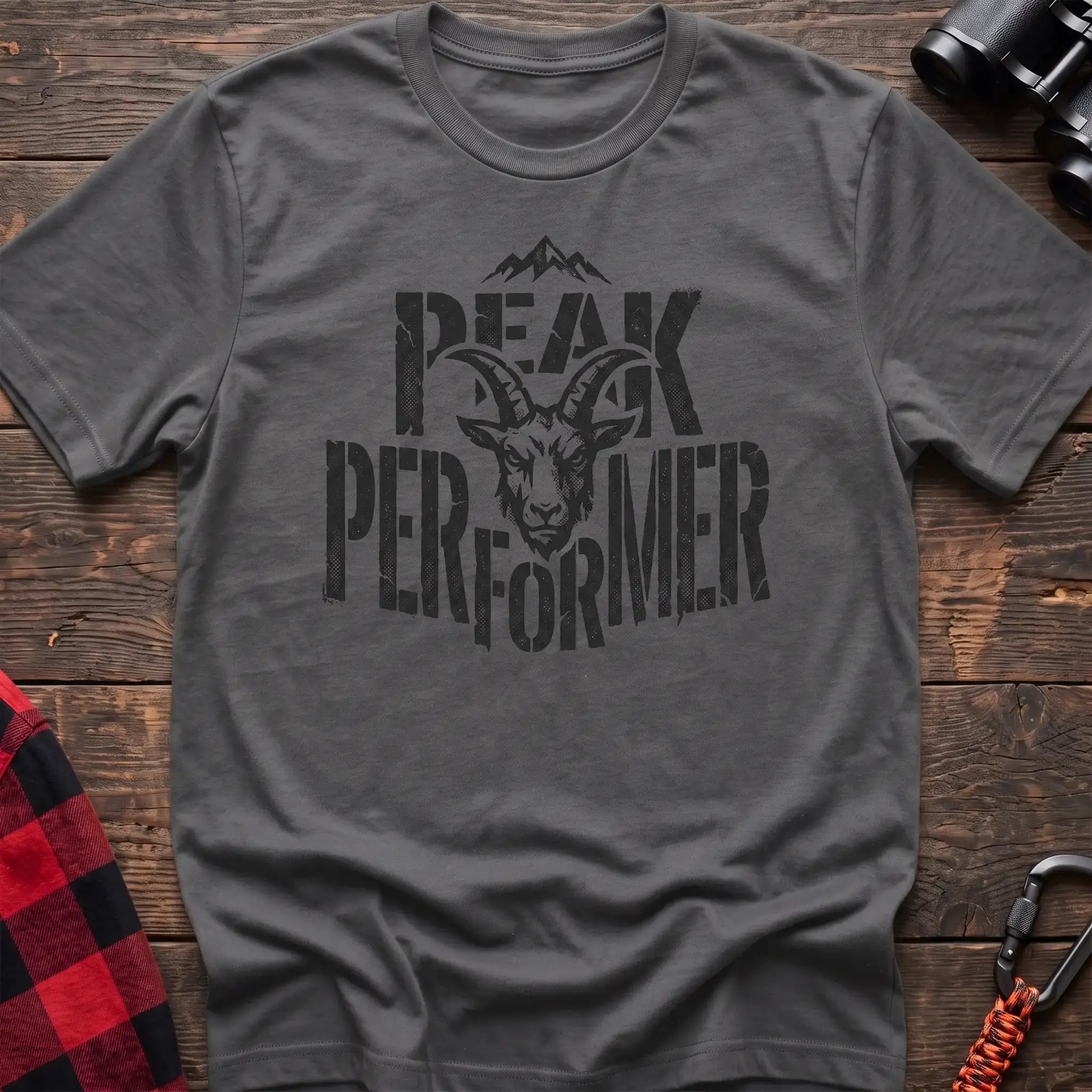 Graphite heather t-shirt with mountain goat head graphic and the text Peak Performer