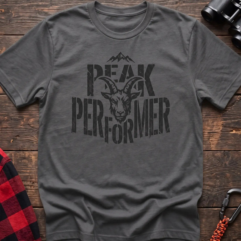 Graphite heather t-shirt with mountain goat head graphic and the text Peak Performer