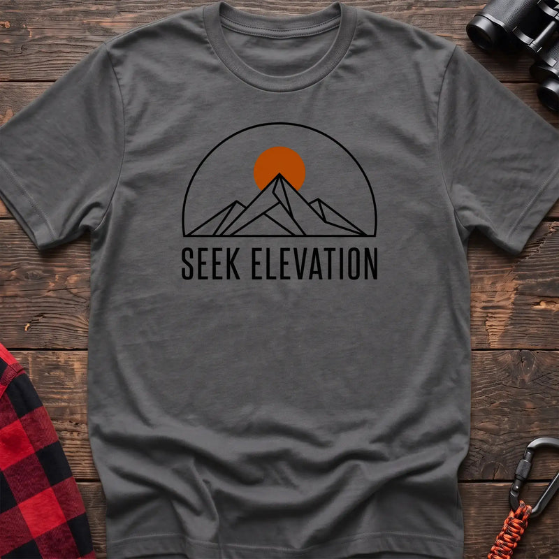 Graphite heather t-shirt with minimalist mountain and sun graphic reading Seek Elevation