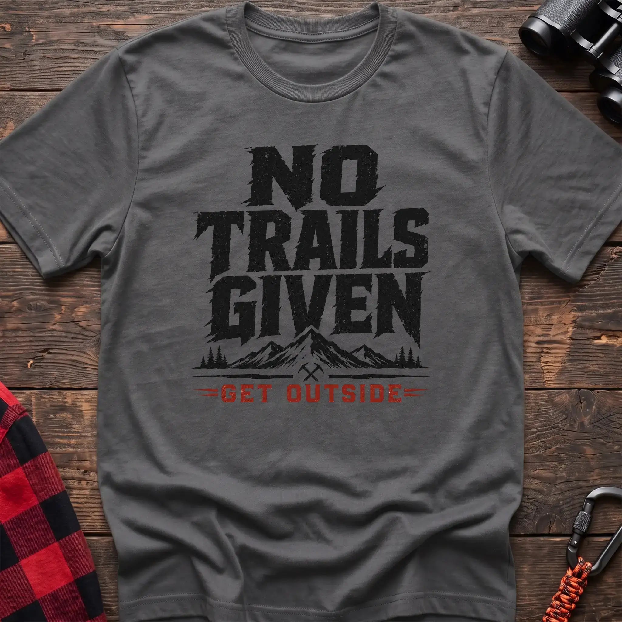 Graphite heather t-shirt with distressed gray text reading No Trails Given above a mountain graphic and red Get Outside text