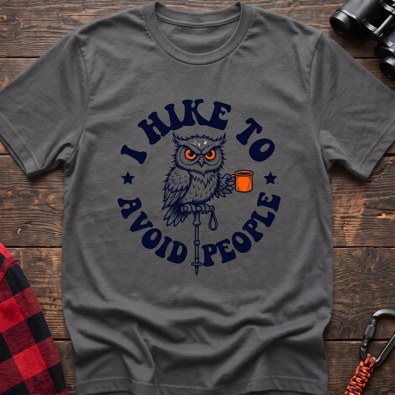 Graphite heather t-shirt with owl holding a camping mug on a hiking pole and the text I Hike to Avoid People