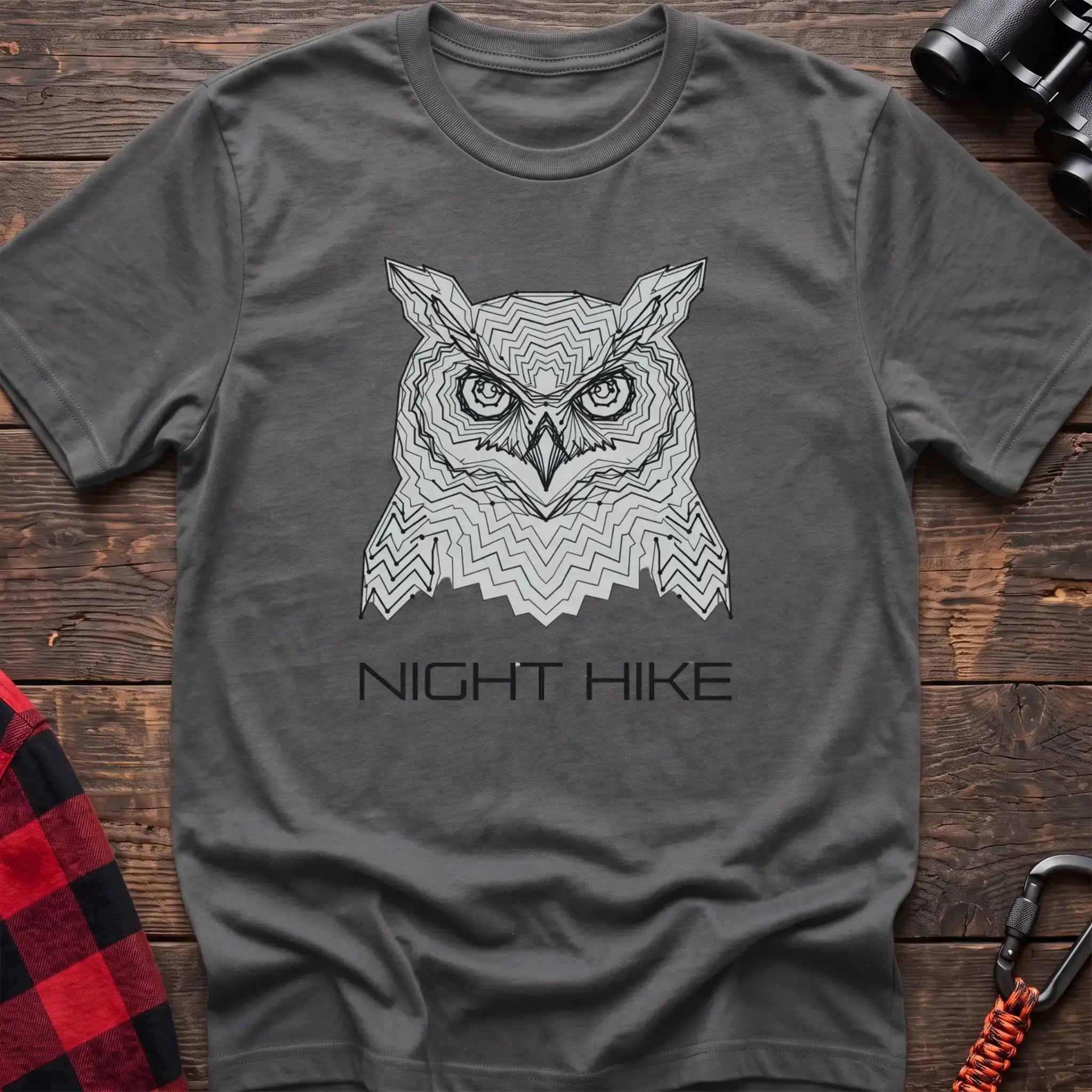 Graphite heather t-shirt with geometric topographic owl face graphic and the text Night Hike
