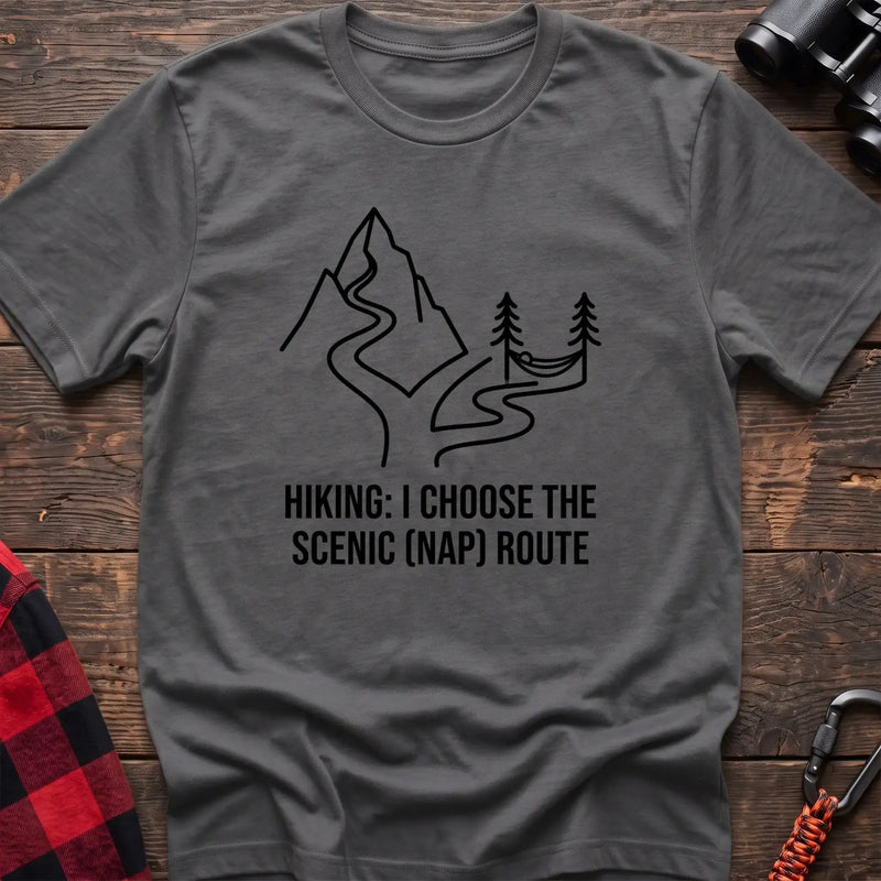 Graphite heather t-shirt with minimalist mountain trail and hammock graphic reading Hiking I Choose the Scenic Nap Route