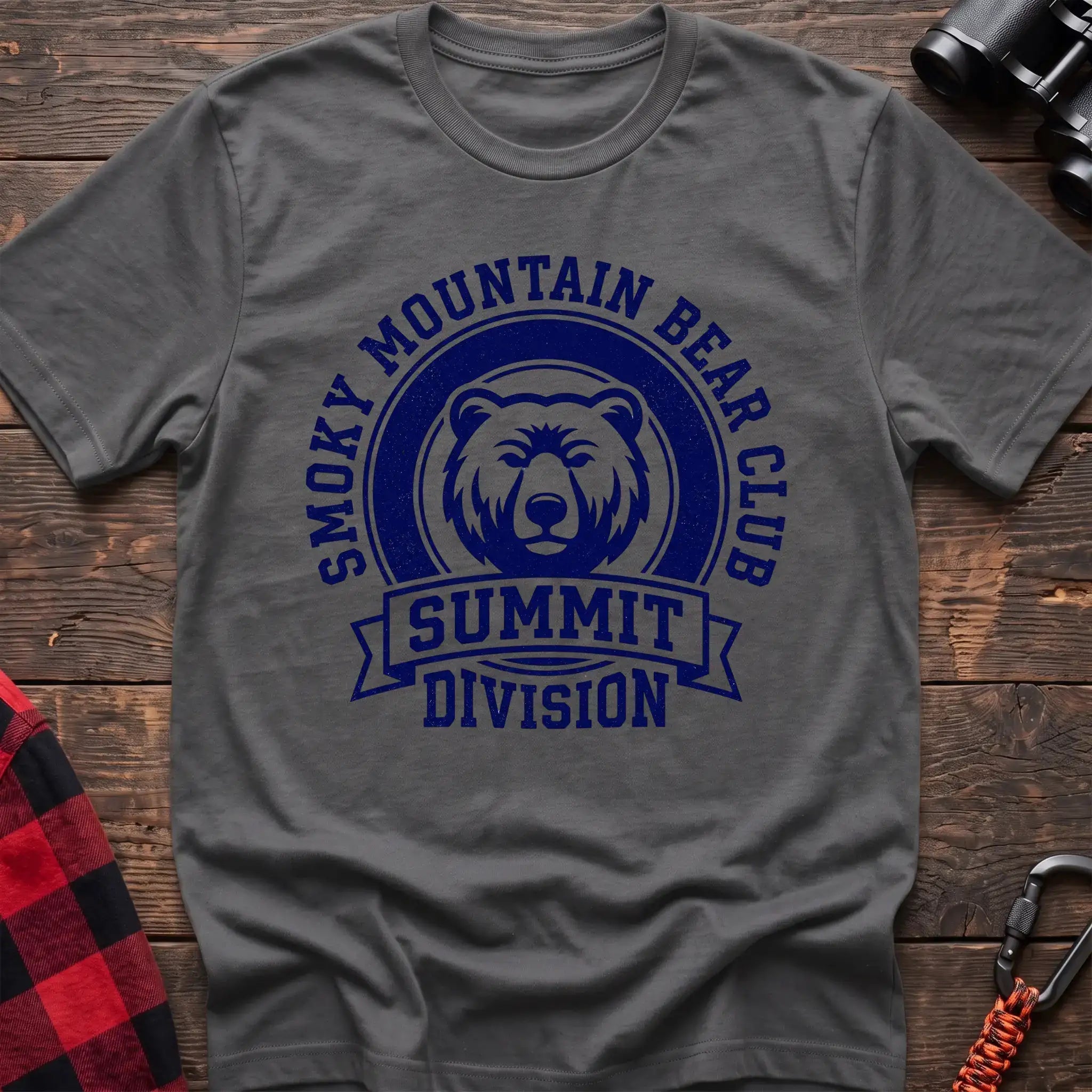 Graphite heather t-shirt with circular badge graphic of a bear face reading Smoky Mountain Bear Club Summit Division