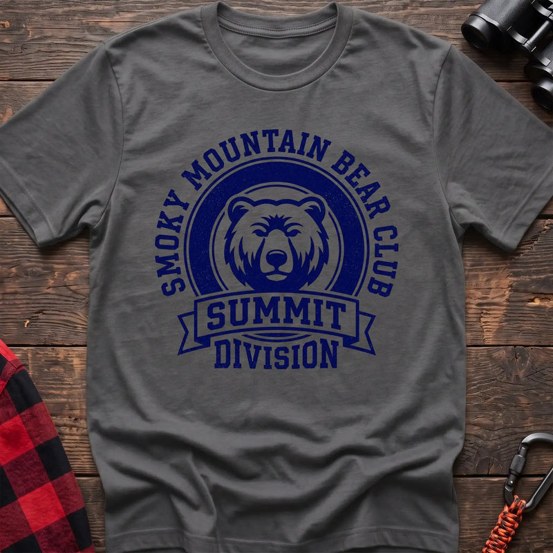 Graphite heather t-shirt with circular badge graphic of a bear face reading Smoky Mountain Bear Club Summit Division