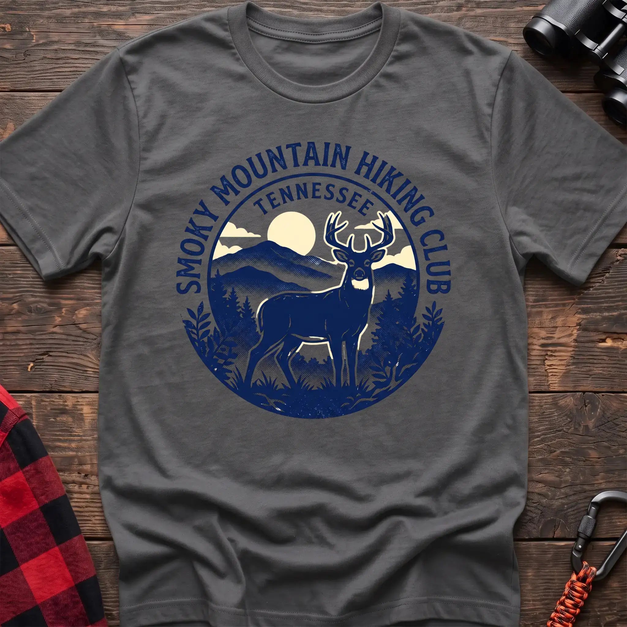 Graphite heather t-shirt with circular badge graphic of a deer in the mountains reading Smoky Mountain Hiking Club Tennessee