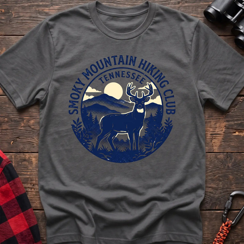 Graphite heather t-shirt with circular badge graphic of a deer in the mountains reading Smoky Mountain Hiking Club Tennessee