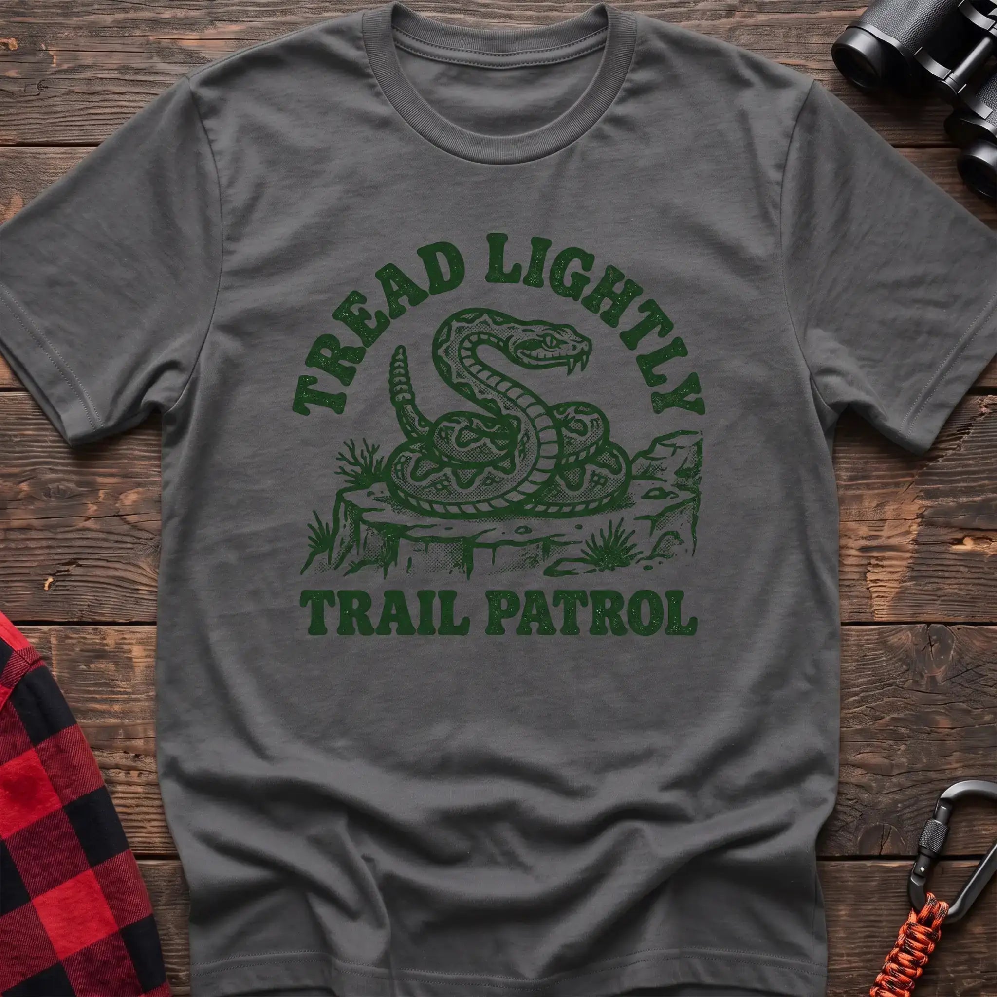 Graphite heather t-shirt with dark green rattlesnake illustration and the text Tread Lightly Trail Patrol