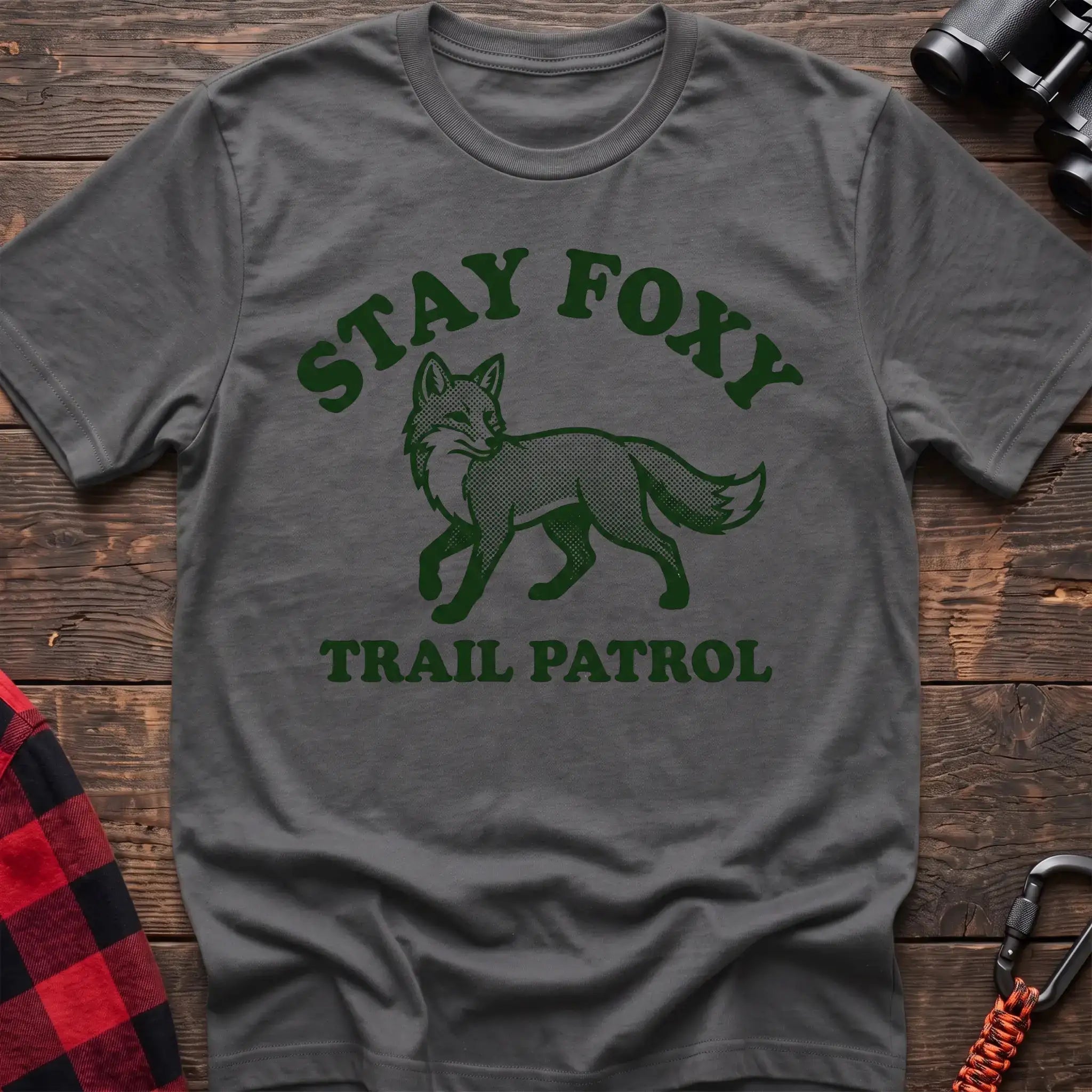 Graphite heather t-shirt with dark green fox illustration and the text Stay Foxy Trail Patrol