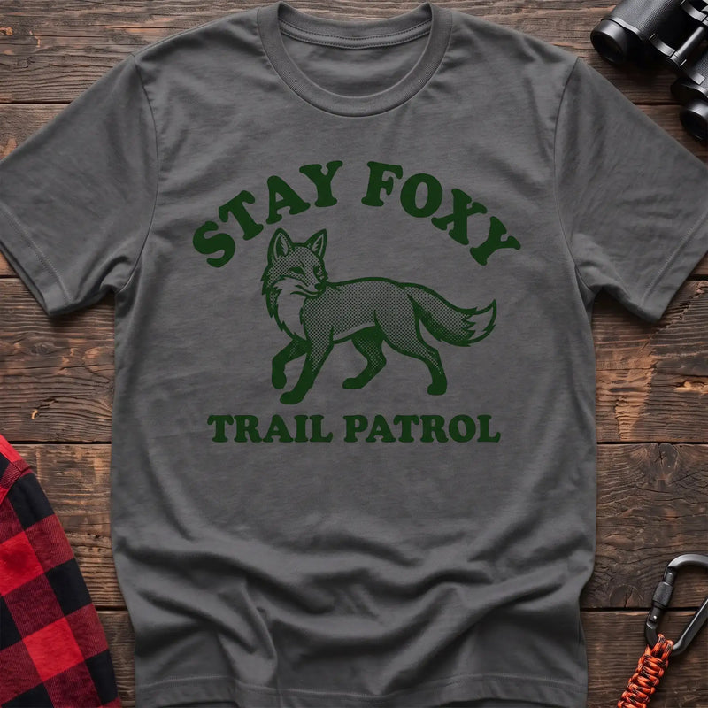 Graphite heather t-shirt with dark green fox illustration and the text Stay Foxy Trail Patrol