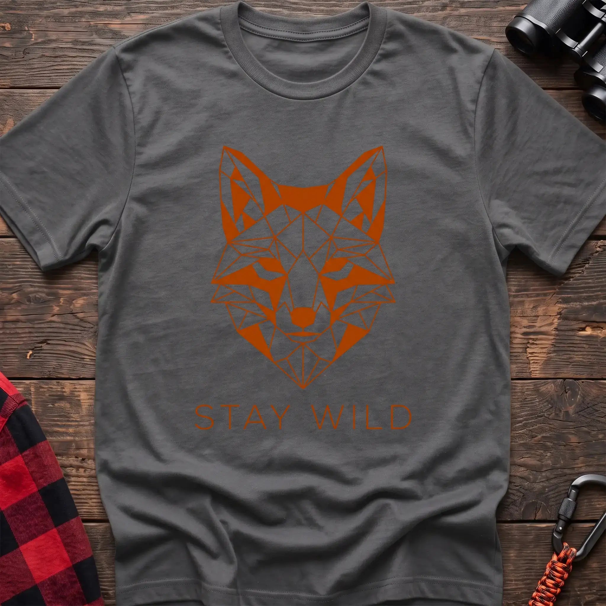 Graphite heather t-shirt with geometric orange fox head graphic and the text Stay Wild
