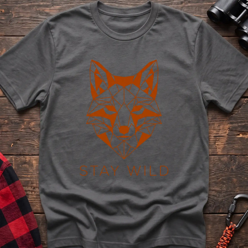 Graphite heather t-shirt with geometric orange fox head graphic and the text Stay Wild