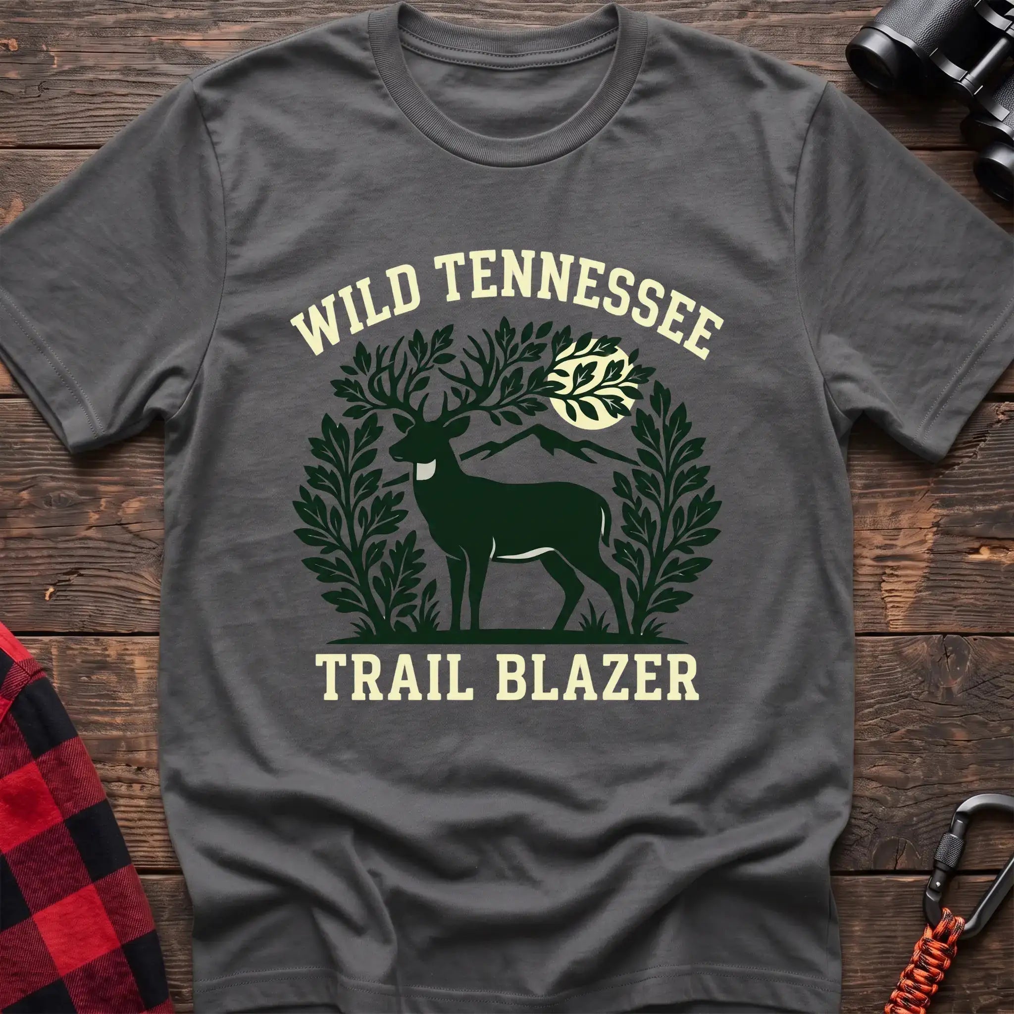 Graphite heather t-shirt with deer among leaves and mountains graphic reading Wild Tennessee Trail Blazer