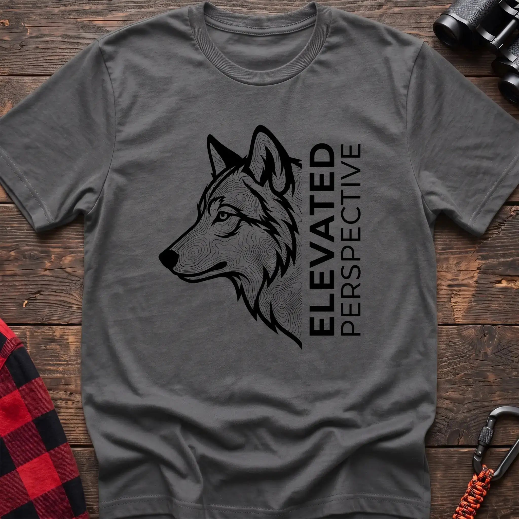 Graphite heather t-shirt with topographic wolf head graphic and vertical text Elevated Perspective