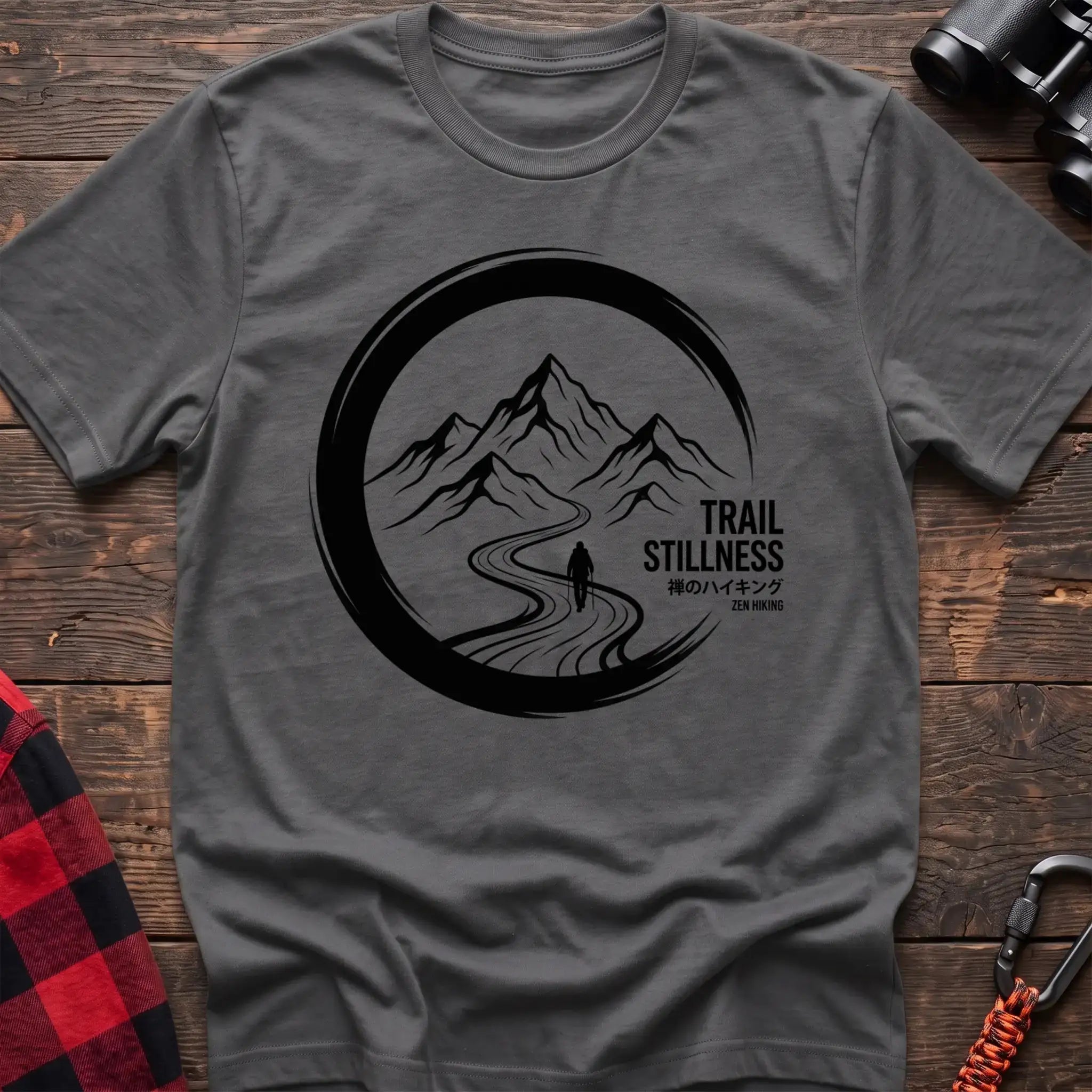 Graphite heather t-shirt with circular mountain trail graphic of a hiker and the text Trail Stillness Zen Hiking