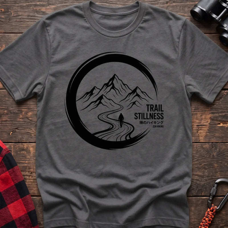 Graphite heather t-shirt with circular mountain trail graphic of a hiker and the text Trail Stillness Zen Hiking