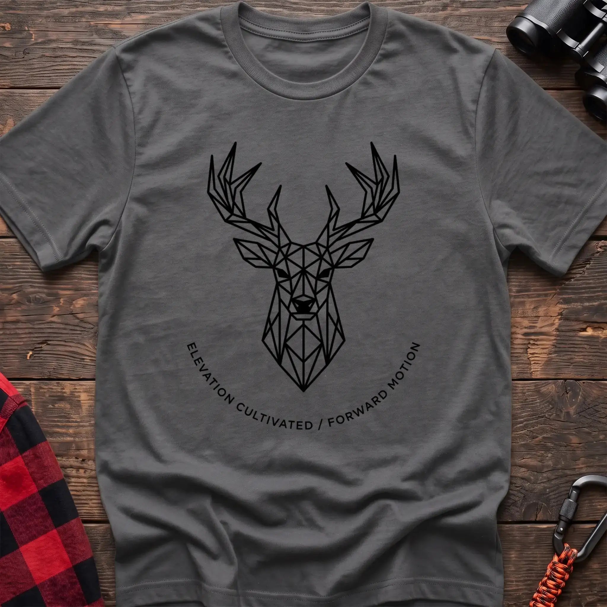 Graphite heather t-shirt with geometric deer head graphic and the text Elevation Cultivated Forward Motion