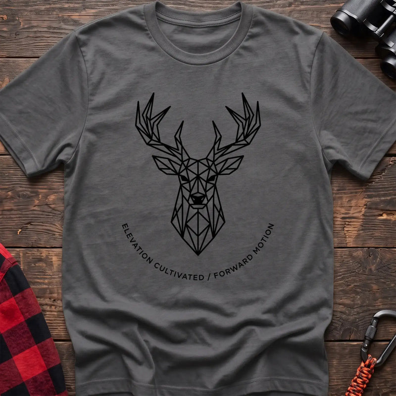 Graphite heather t-shirt with geometric deer head graphic and the text Elevation Cultivated Forward Motion