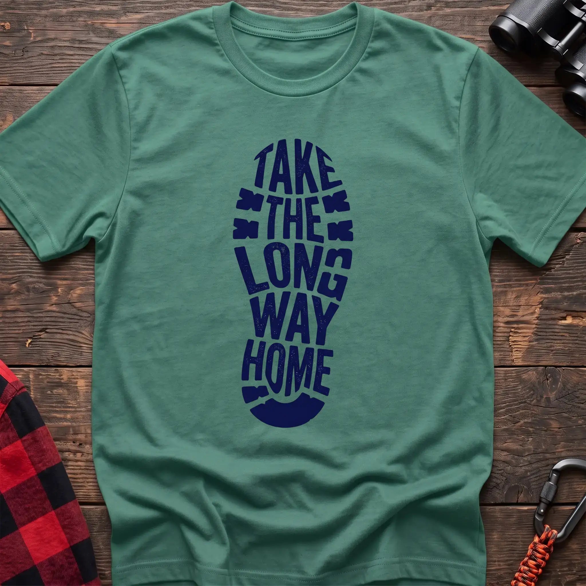 Heather irish green t-shirt with white boot print graphic reading Take the Long Way Home