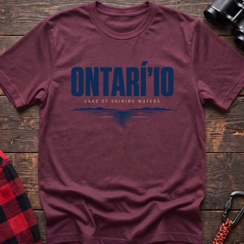 Heather maroon cotton hiking t-shirt with Ontarí'io Lake of Shining Waters text and stylized lake reflection graphic
