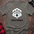 Heather military green t-shirt with hexagonal badge graphic of mountains and a first aid kit, reading Always Prepared