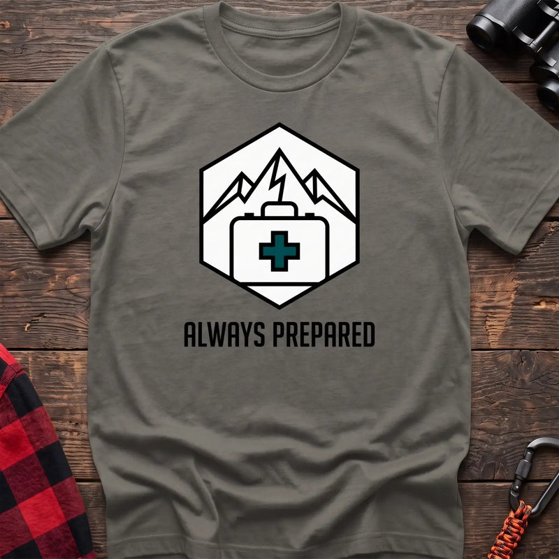 Heather military green t-shirt with hexagonal badge graphic of mountains and a first aid kit, reading Always Prepared