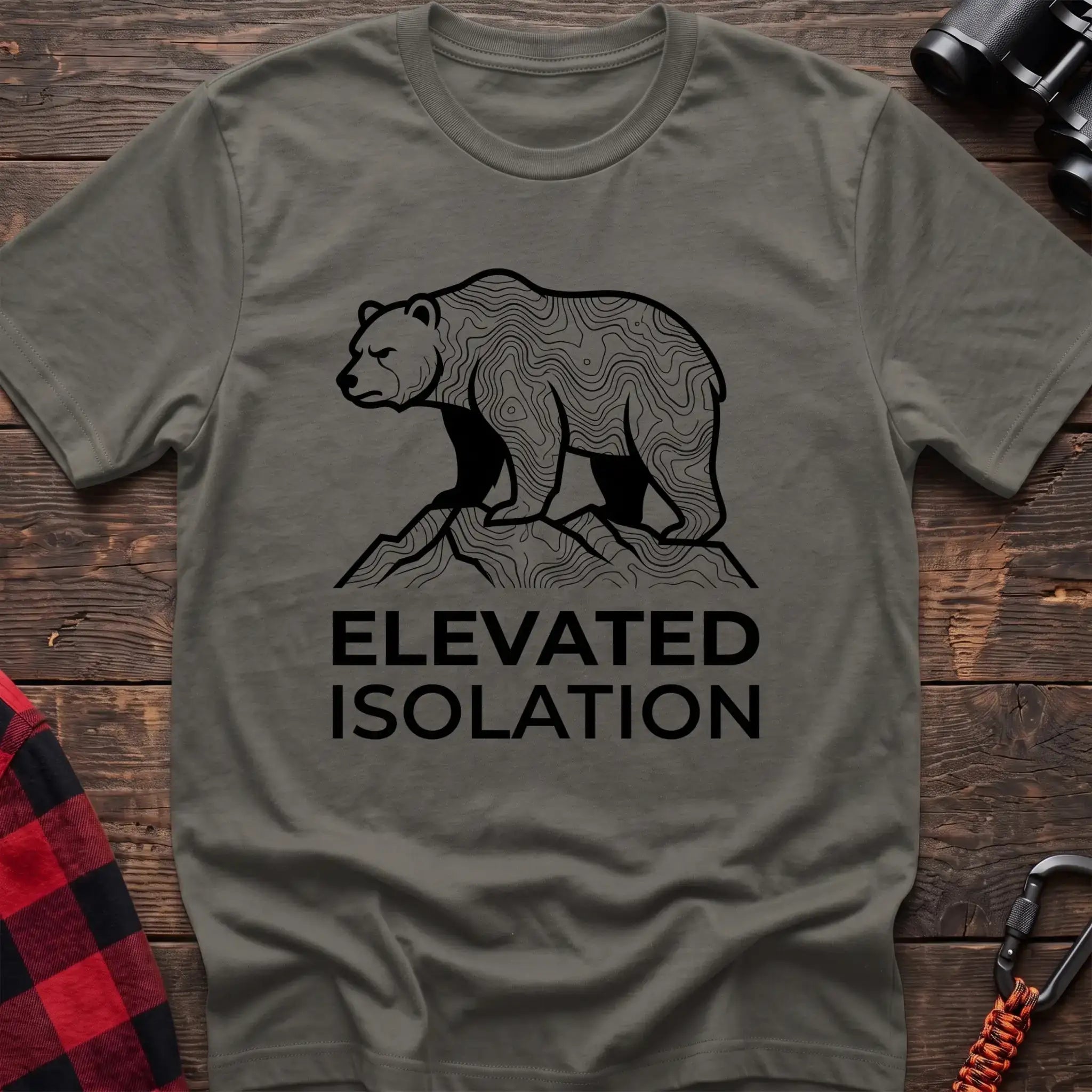 Heather military green t-shirt with topographic bear standing on a mountain peak and the text Elevated Isolation