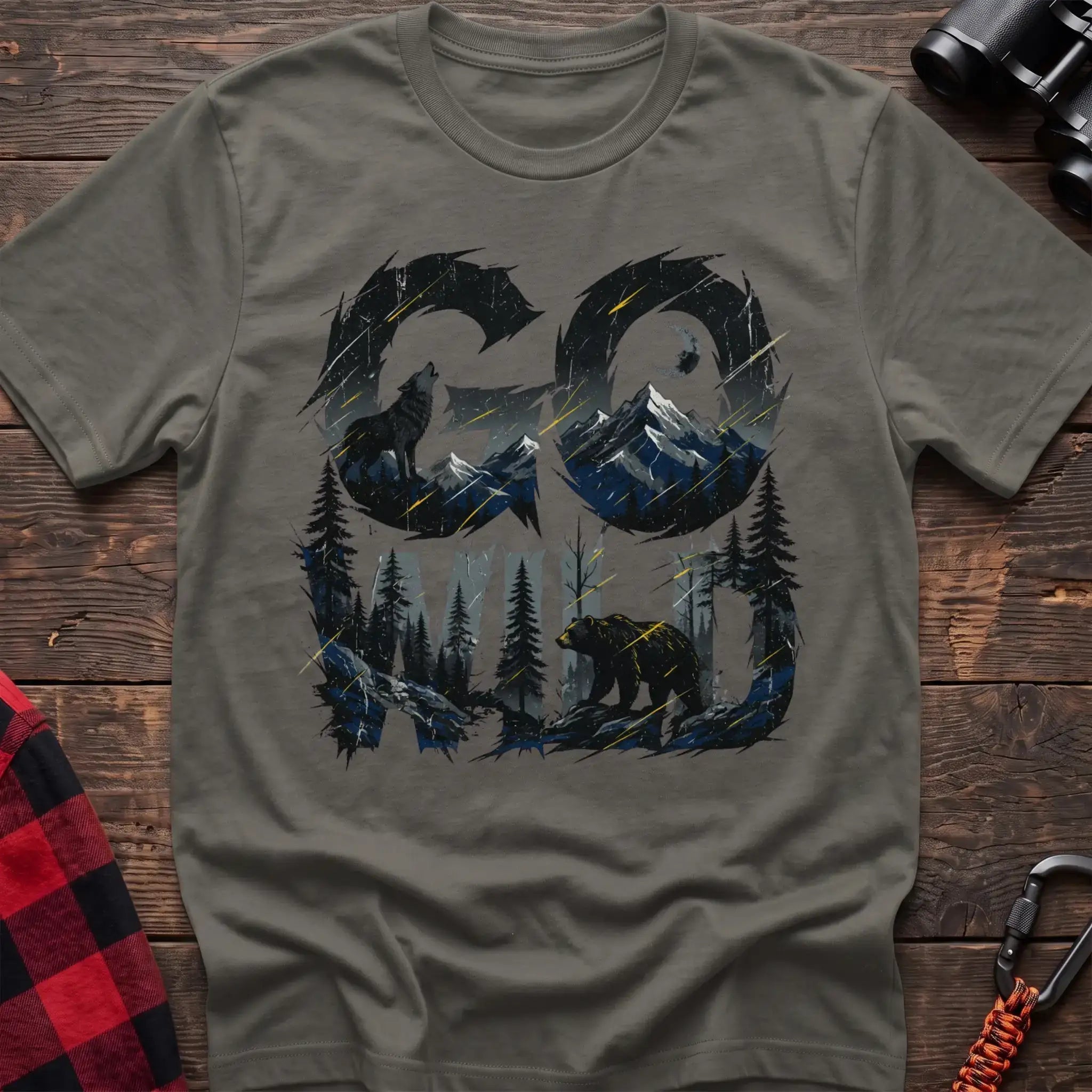 Heather military green t-shirt with wilderness scene of a howling wolf and bear integrated into the text Go Wild