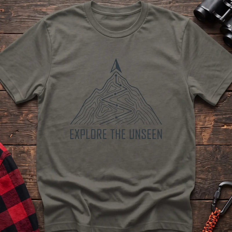 Heather military green t-shirt with topographic mountain trail graphic and the text Explore the Unseen