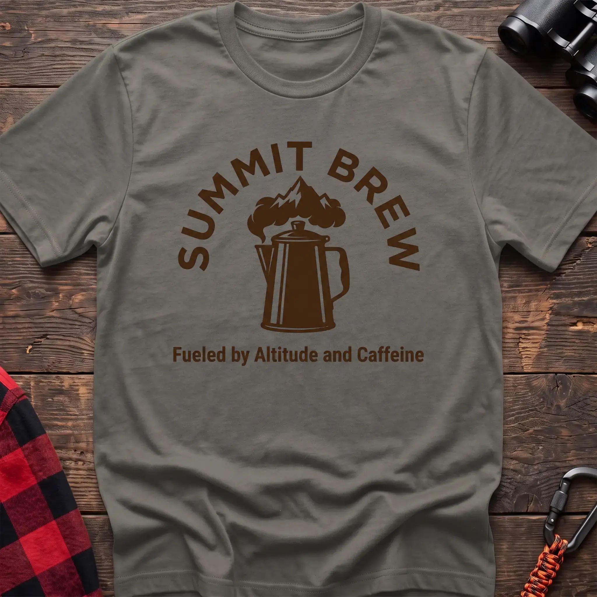 Heather military green t-shirt with brown coffee percolator and mountain graphic reading Summit Brew Fueled by Altitude and Caffeine