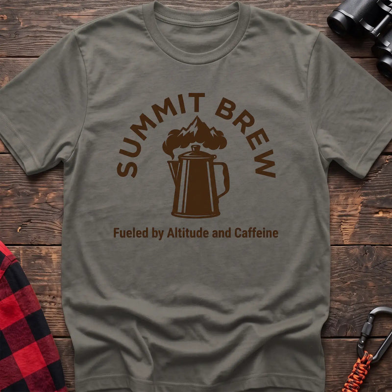 Heather military green t-shirt with brown coffee percolator and mountain graphic reading Summit Brew Fueled by Altitude and Caffeine