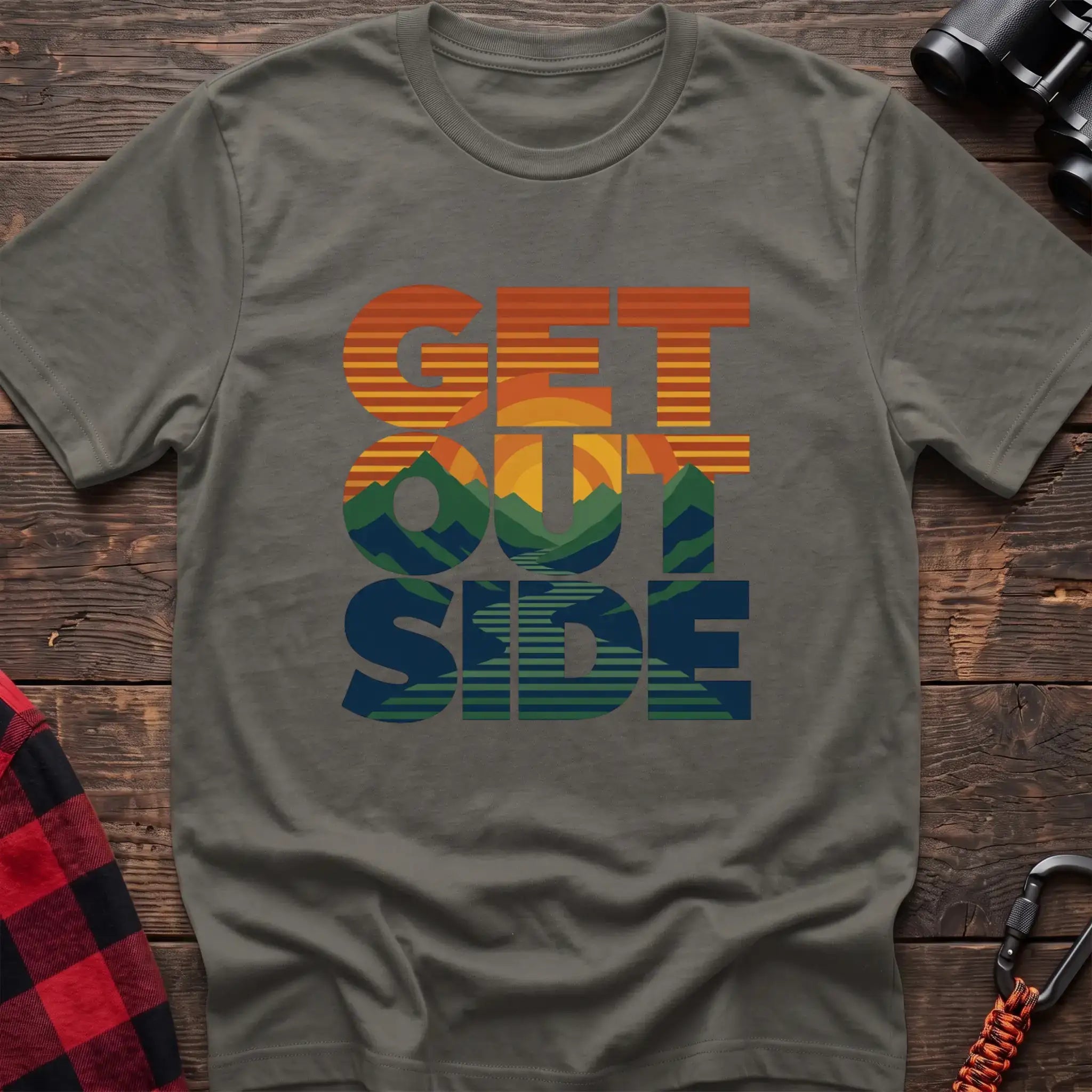 Heather military green t-shirt with retro sunset and mountain graphic integrated into the text Get Outside