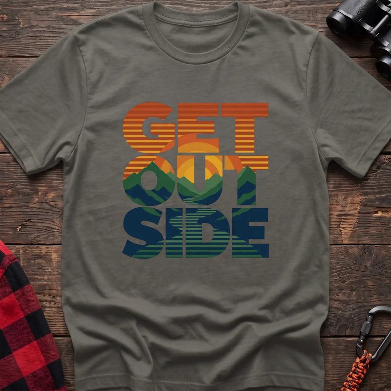 Heather military green t-shirt with retro sunset and mountain graphic integrated into the text Get Outside