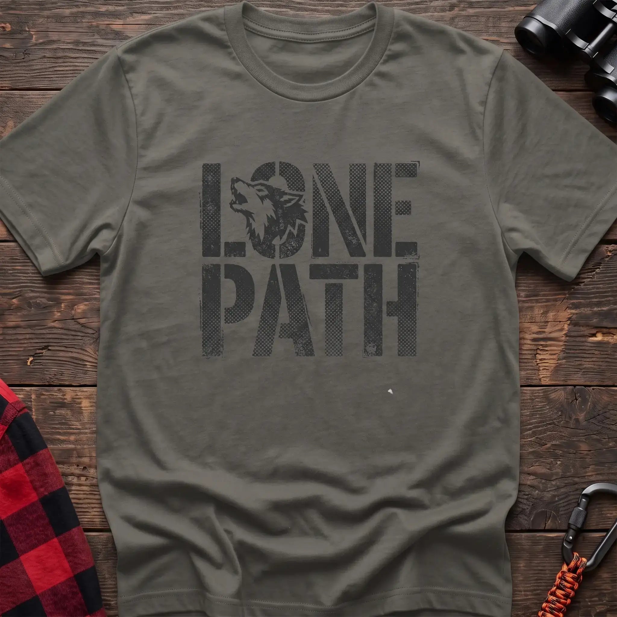 Heather military green t-shirt with distressed text reading Lone Path and a wolf silhouette in the letter O