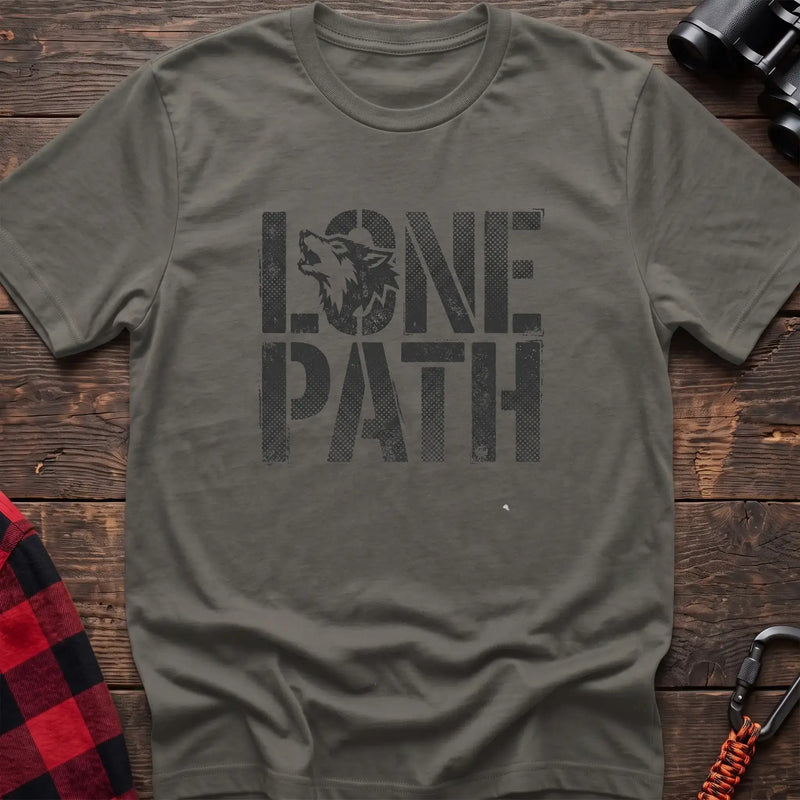 Heather military green t-shirt with distressed text reading Lone Path and a wolf silhouette in the letter O