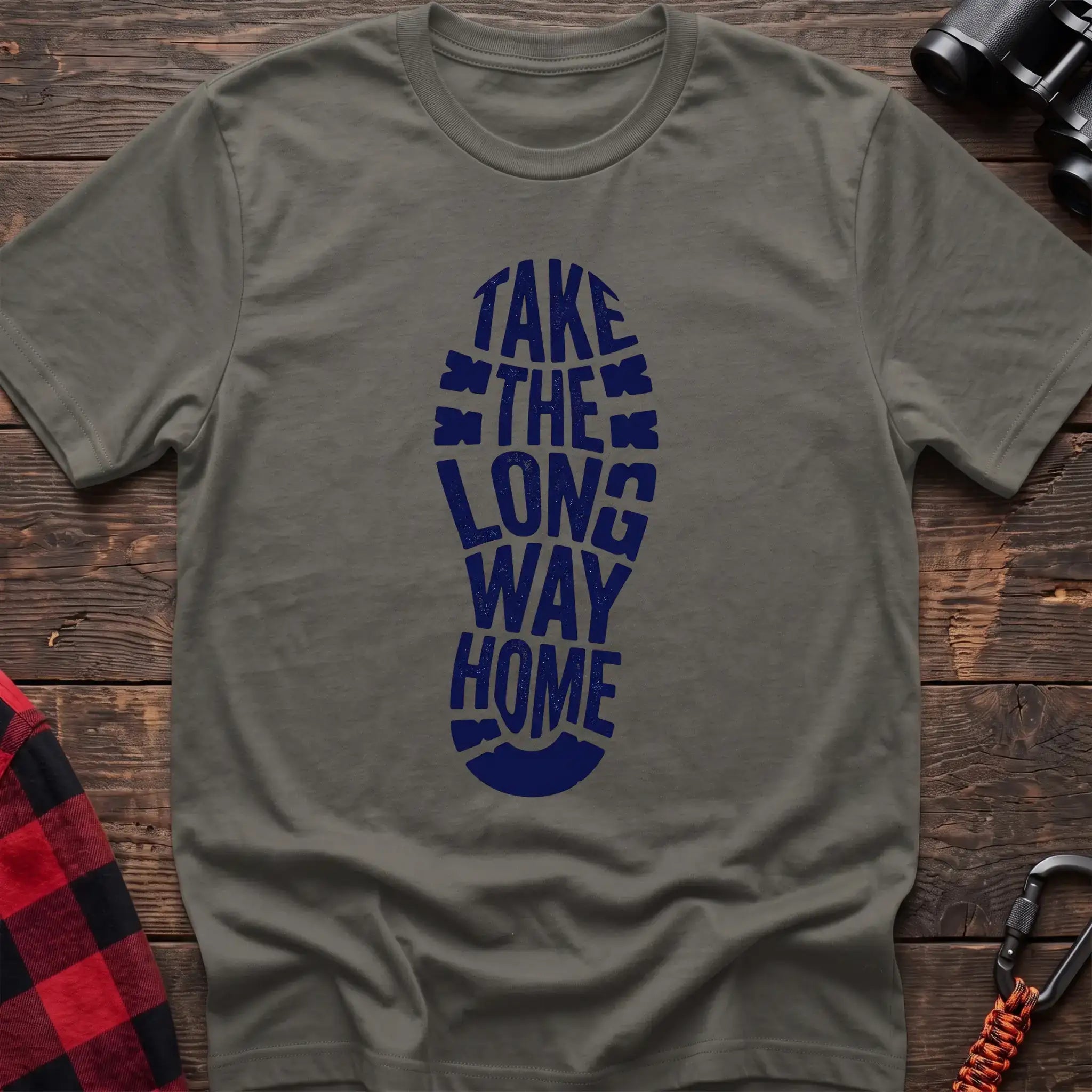 Heather military green t-shirt with white boot print graphic reading Take the Long Way Home