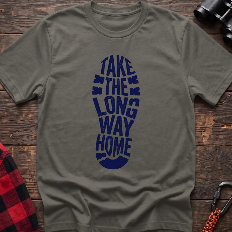 Heather military green t-shirt with white boot print graphic reading Take the Long Way Home