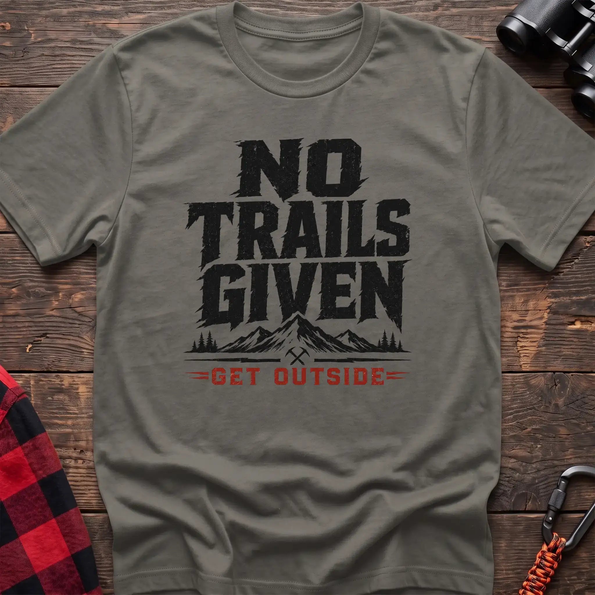 Heather military green t-shirt with distressed gray text reading No Trails Given above a mountain graphic and red Get Outside text