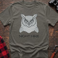Heather military green t-shirt with geometric topographic owl face graphic and the text Night Hike