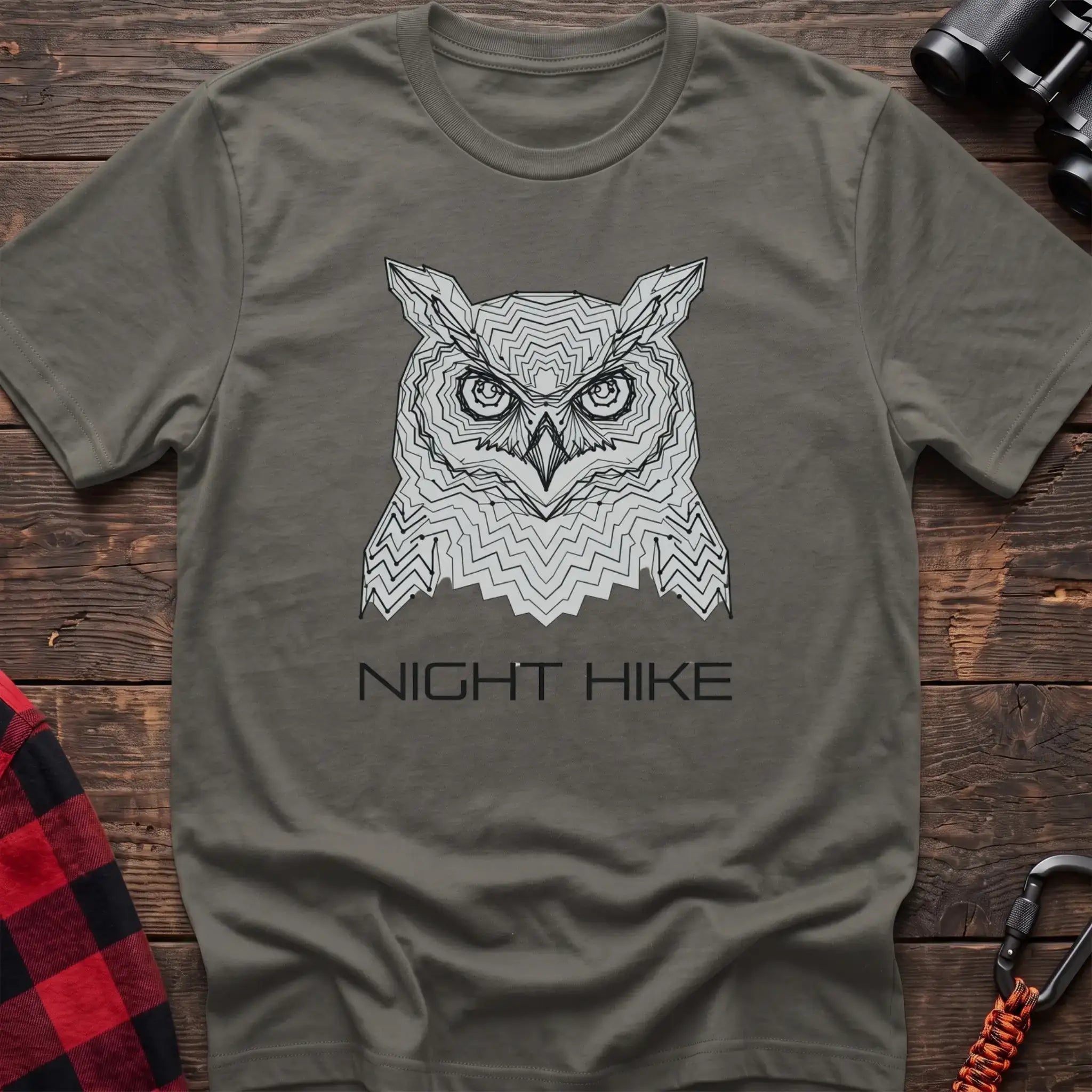 Heather military green t-shirt with geometric topographic owl face graphic and the text Night Hike