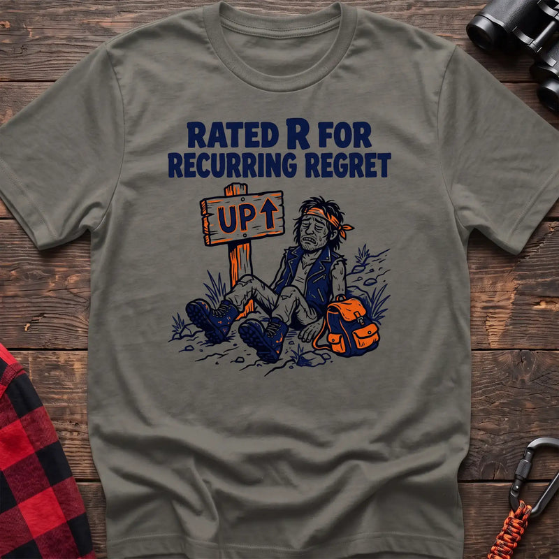Heather military green t-shirt with illustration of an exhausted hiker sitting by an UP trail sign and the text Rated R for Recurring Regret