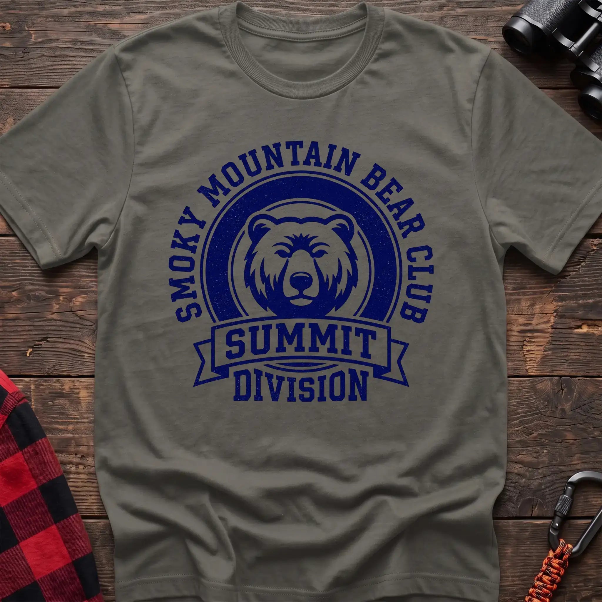 Heather military green t-shirt with circular badge graphic of a bear face reading Smoky Mountain Bear Club Summit Division