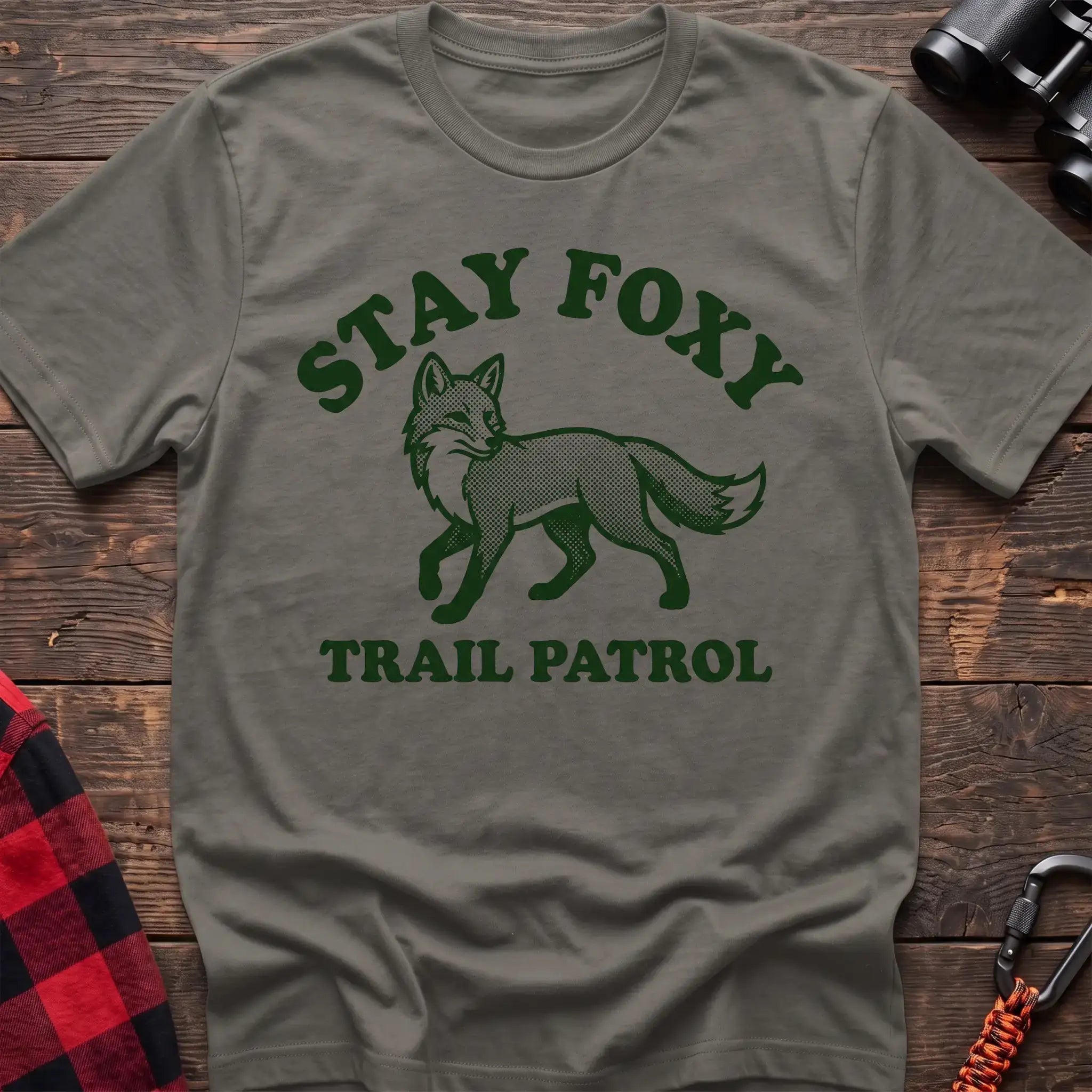 Heather military green t-shirt with dark green fox illustration and the text Stay Foxy Trail Patrol