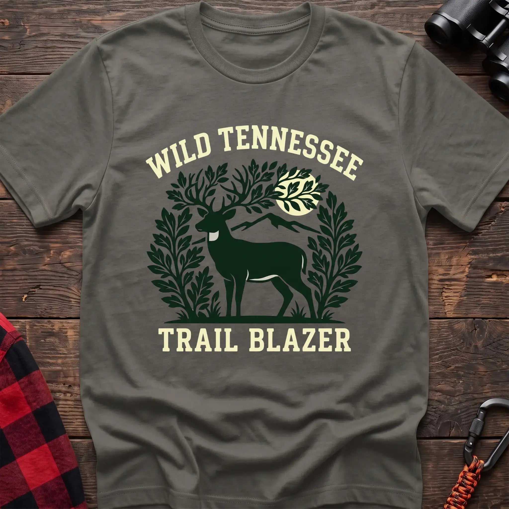 Heather military green t-shirt with deer among leaves and mountains graphic reading Wild Tennessee Trail Blazer