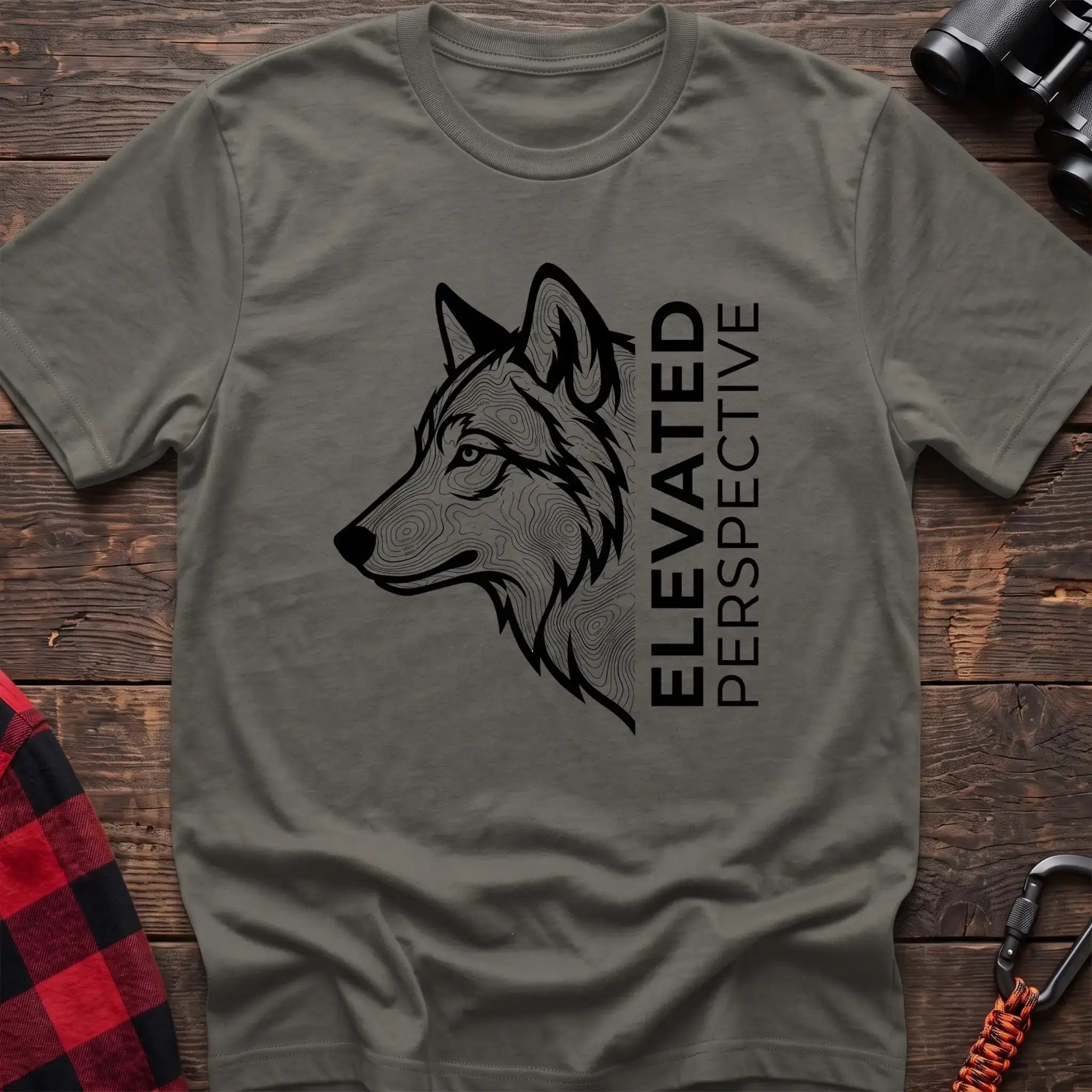 Heather military green t-shirt with topographic wolf head graphic and vertical text Elevated Perspective