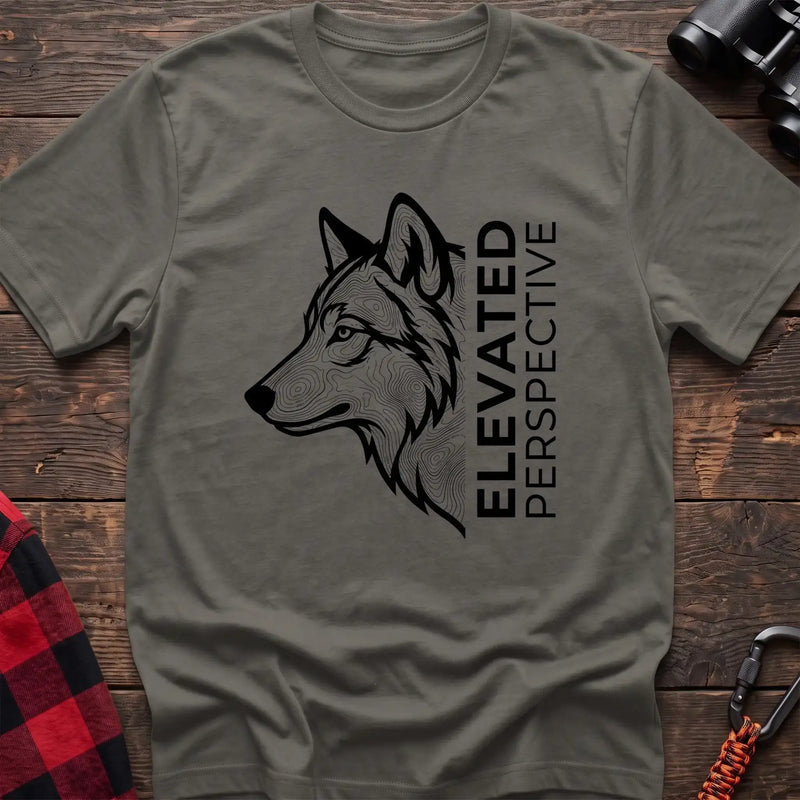 Heather military green t-shirt with topographic wolf head graphic and vertical text Elevated Perspective