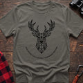 Heather military green t-shirt with geometric deer head graphic and the text Elevation Cultivated Forward Motion