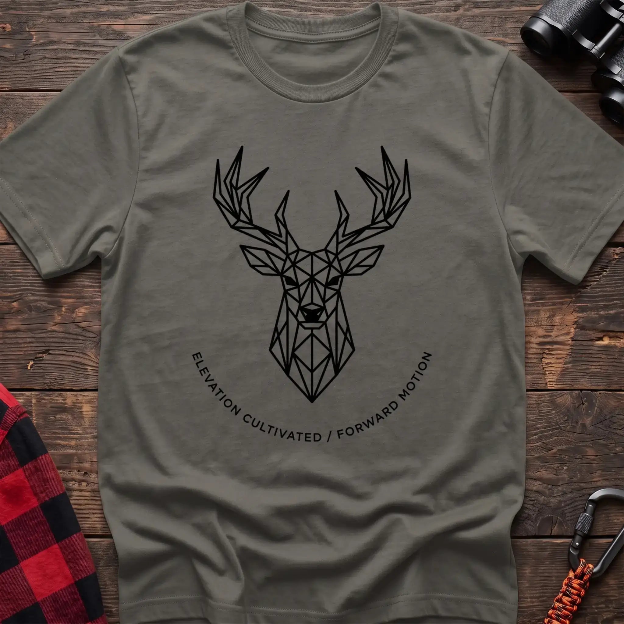 Heather military green t-shirt with geometric deer head graphic and the text Elevation Cultivated Forward Motion