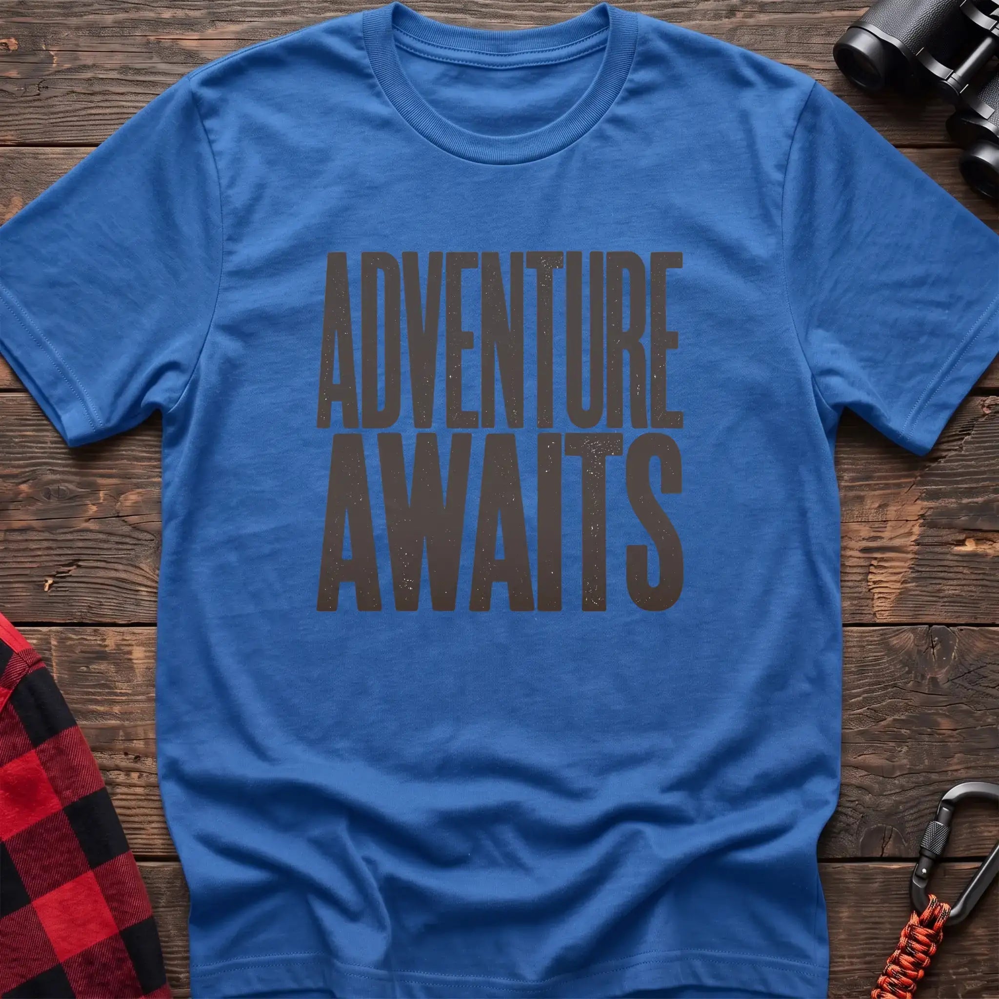 Heather royal t-shirt with large distressed gray text reading Adventure Awaits