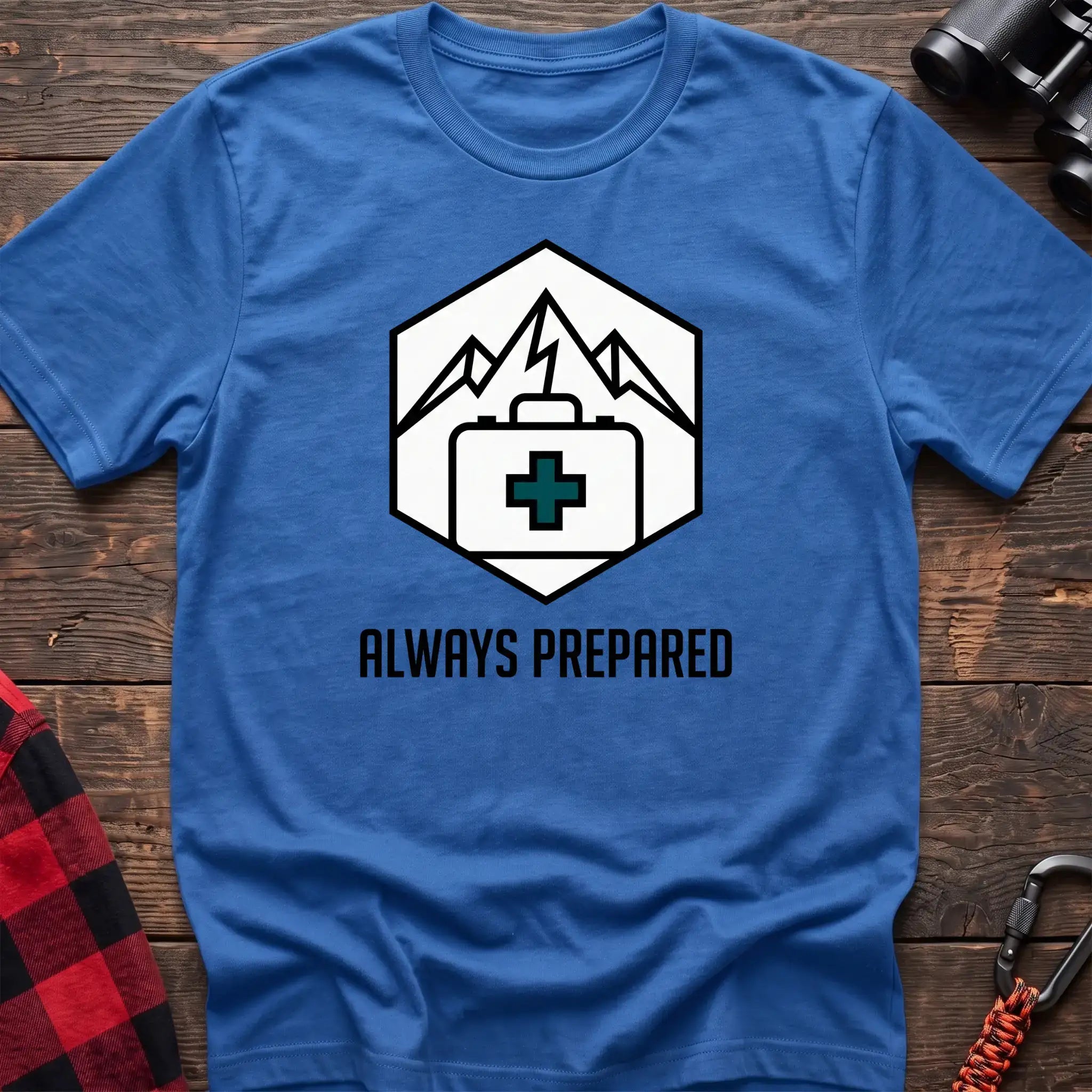 Heather royal t-shirt with hexagonal badge graphic of mountains and a first aid kit, reading Always Prepared
